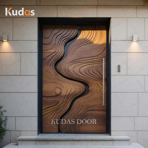 Modern Carved Wooden Front Door Organic Wave Design Handmade Exterior Solid Wood Entry Door For Contemporary Home