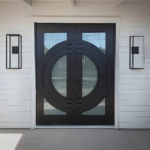 House Front Entry Double Swing Security Door Glass Top Steel Contemporary Solid Wood Thermal Sound Insulation Exterior Villa