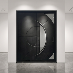 Custom Modern Matte Black Steel Full Height Pivot Door with Geometric Glass Cutouts