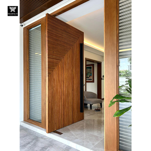 Contemporary Solid Wood Entrance Pivot Door With Geometric Vertical Slat Pattern