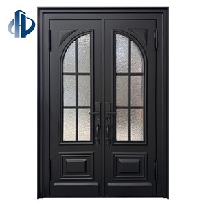 Classic French Double Doors Iron Arched Tempered Glass Villa Anti Theft Front Entry Doors